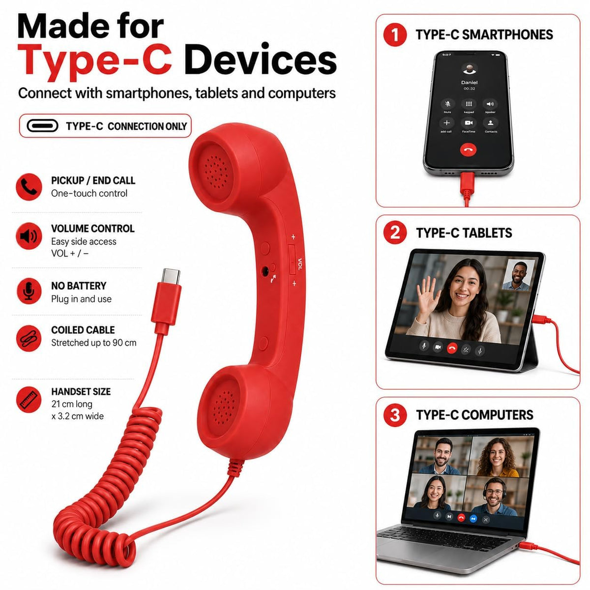 Retro Phone Handset Corded Telephone Receiver with Noise Reduction