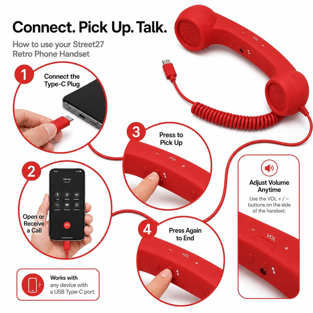 Retro Phone Handset Corded Telephone Receiver with Noise Reduction