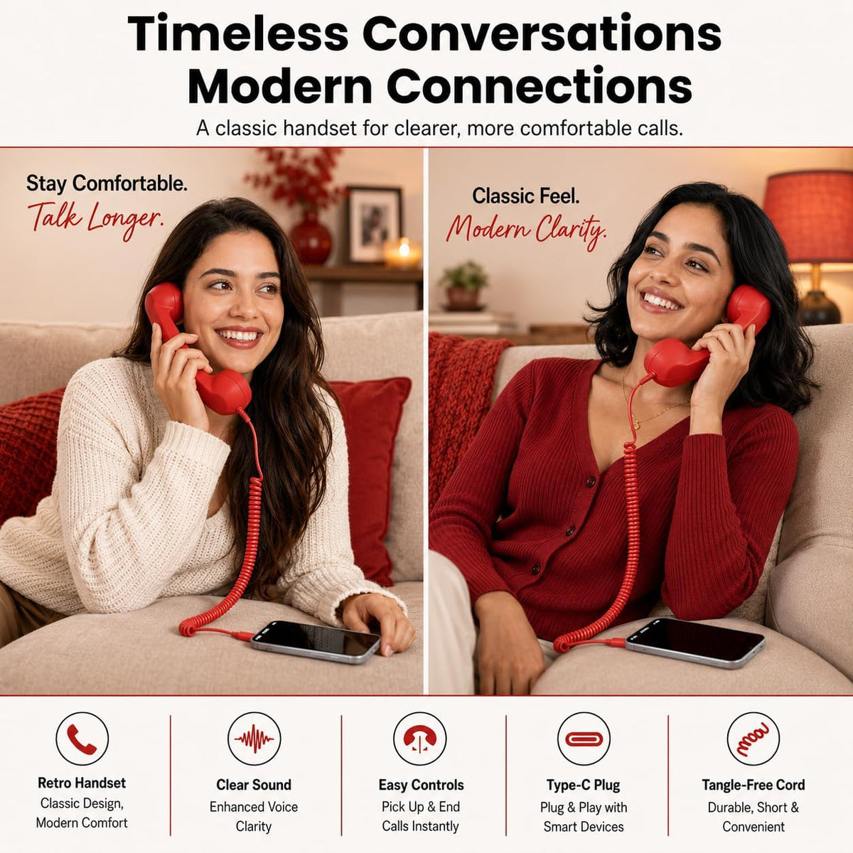 Retro Phone Handset Corded Telephone Receiver with Noise Reduction