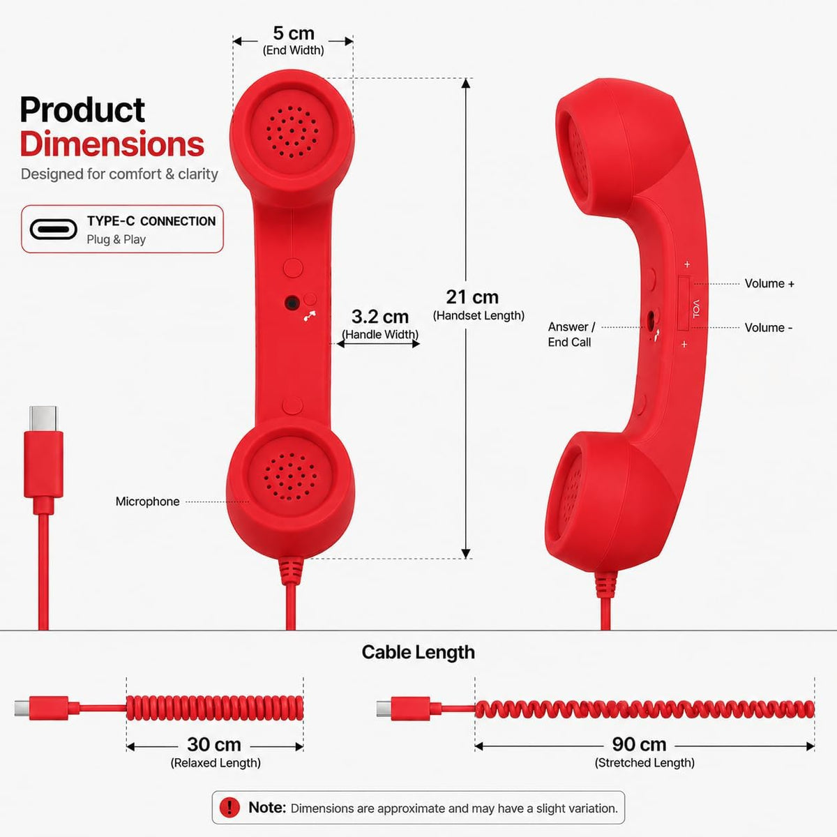 Retro Phone Handset Corded Telephone Receiver with Noise Reduction