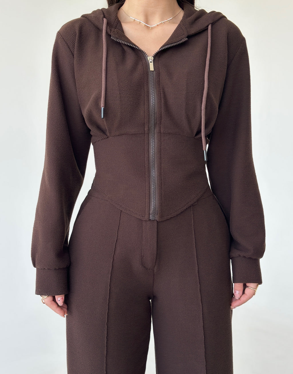 Women’s Textured Co-Ord Set with Lace-Up Corset Back Hoodie & Wide-Leg Pants