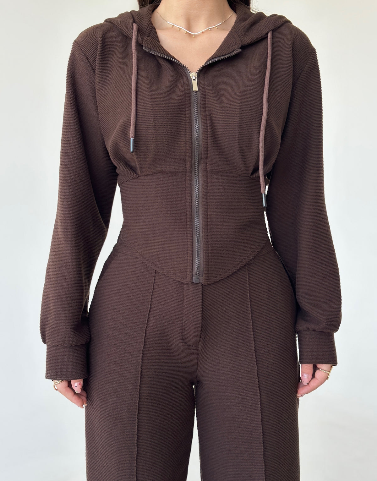 Women’s Textured Co-Ord Set with Lace-Up Corset Back Hoodie & Wide-Leg Pants