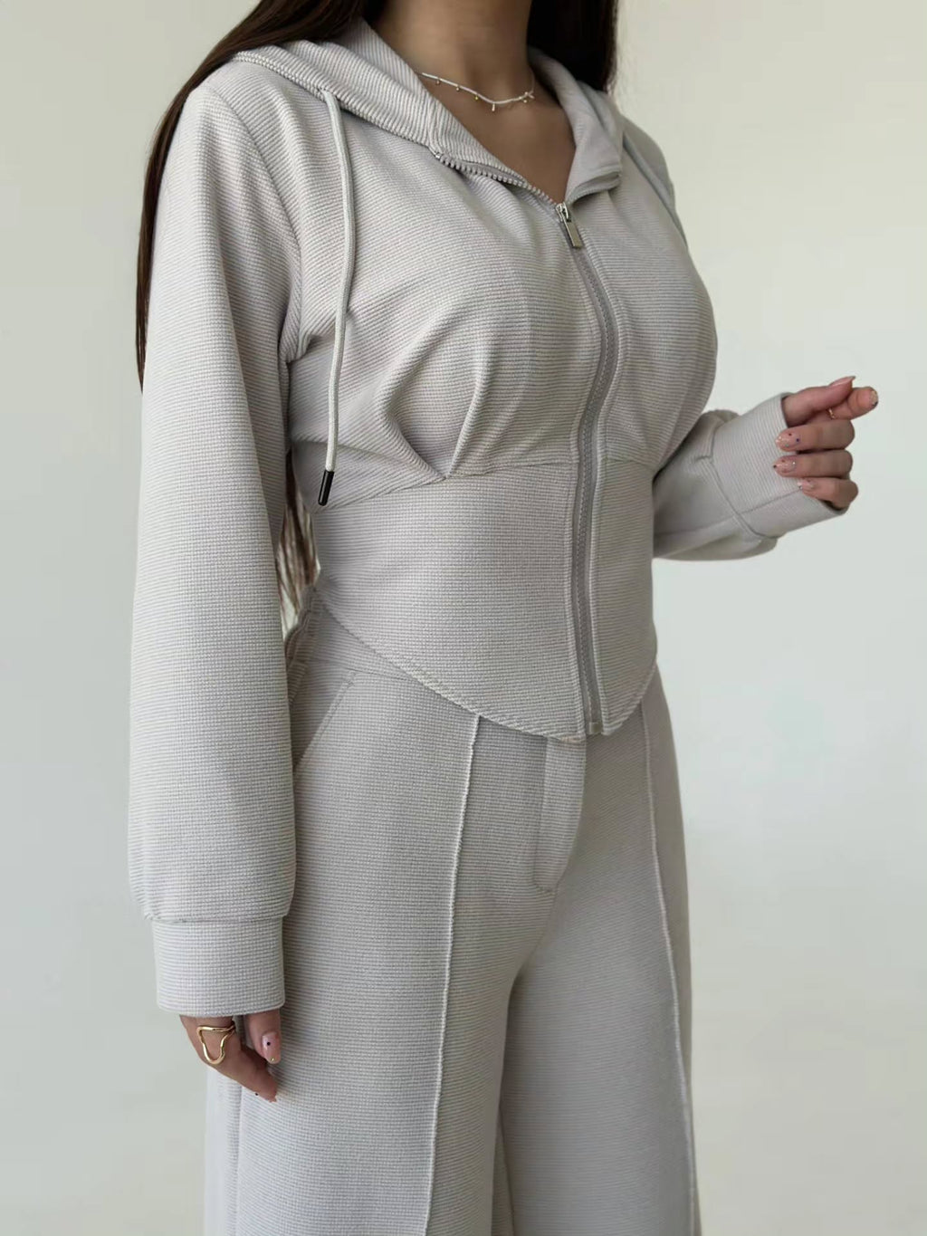 Women’s Textured Co-Ord Set with Lace-Up Corset Back Hoodie & Wide-Leg Pants