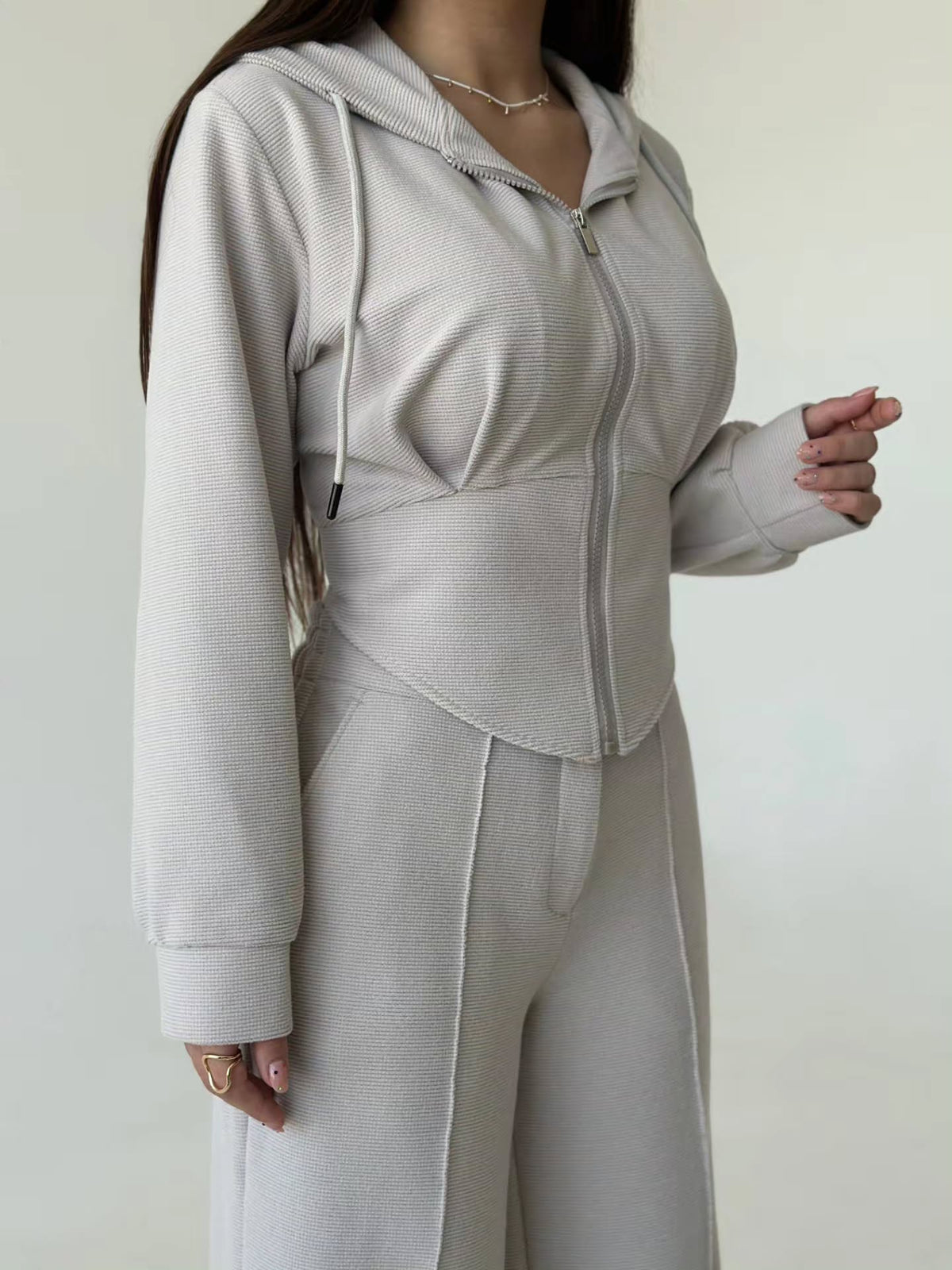 Women’s Textured Co-Ord Set with Lace-Up Corset Back Hoodie & Wide-Leg Pants