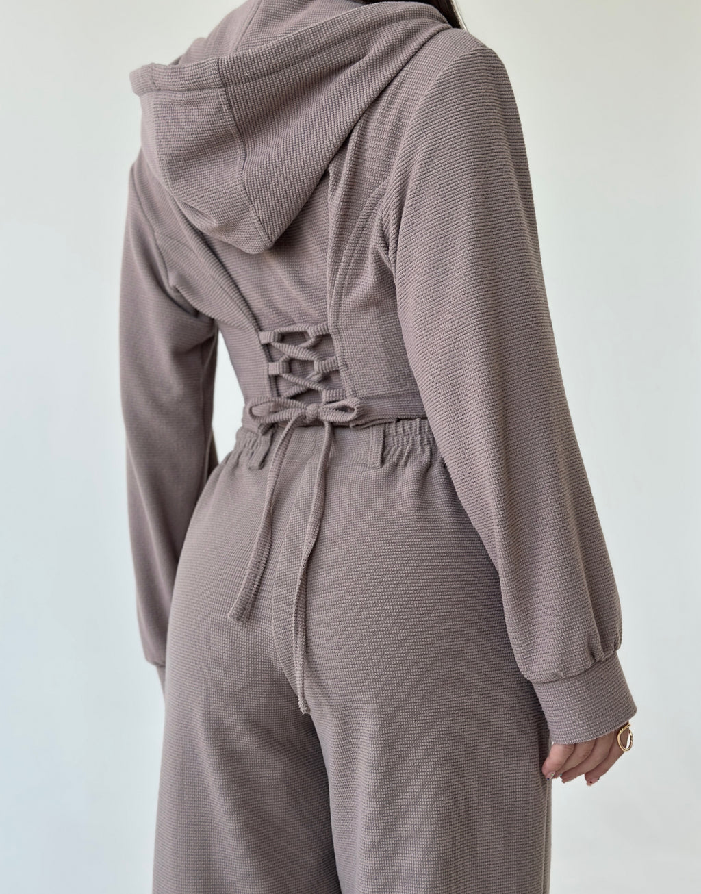 Women’s Textured Co-Ord Set with Lace-Up Corset Back Hoodie & Wide-Leg Pants
