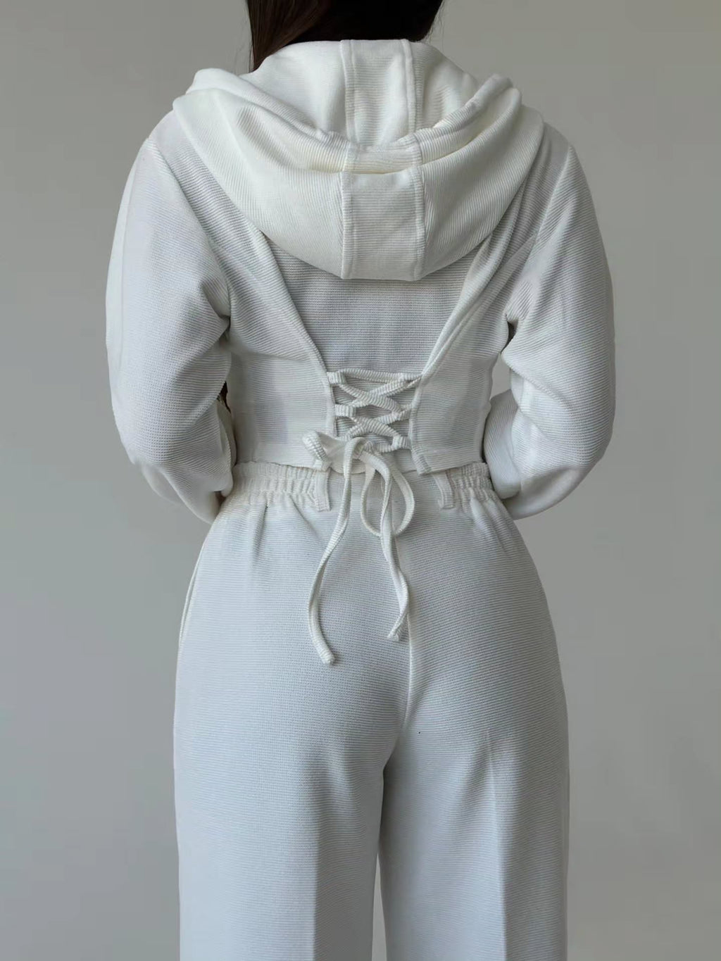 Women’s Textured Co-Ord Set with Lace-Up Corset Back Hoodie & Wide-Leg Pants
