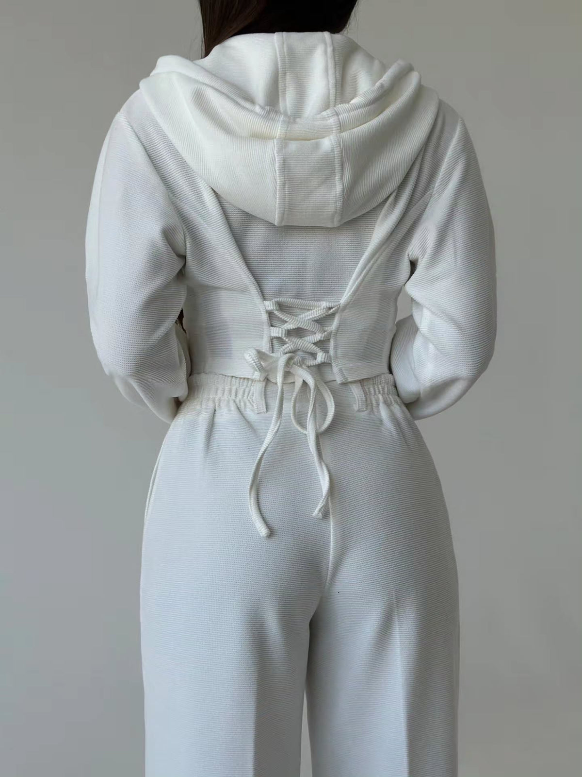 Women’s Textured Co-Ord Set with Lace-Up Corset Back Hoodie & Wide-Leg Pants