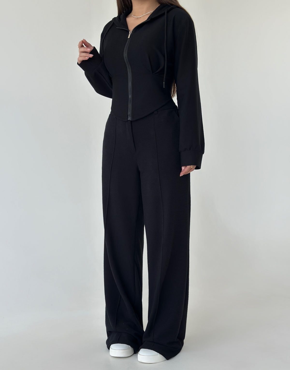Women’s Textured Co-Ord Set with Lace-Up Corset Back Hoodie & Wide-Leg Pants