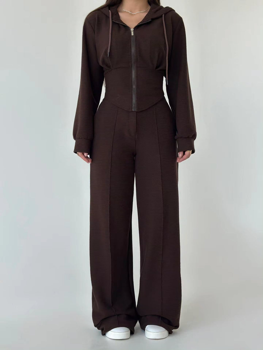 Women’s Textured Co-Ord Set with Lace-Up Corset Back Hoodie & Wide-Leg Pants