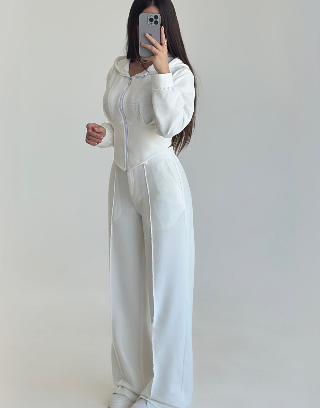 Women’s Textured Co-Ord Set with Lace-Up Corset Back Hoodie & Wide-Leg Pants