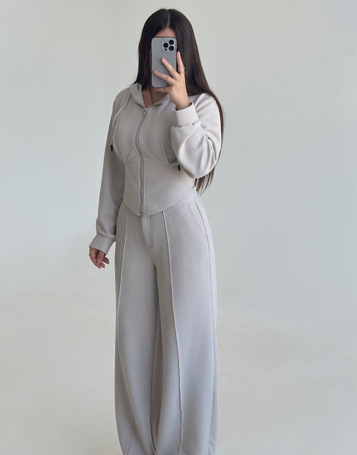 Women’s Textured Co-Ord Set with Lace-Up Corset Back Hoodie & Wide-Leg Pants