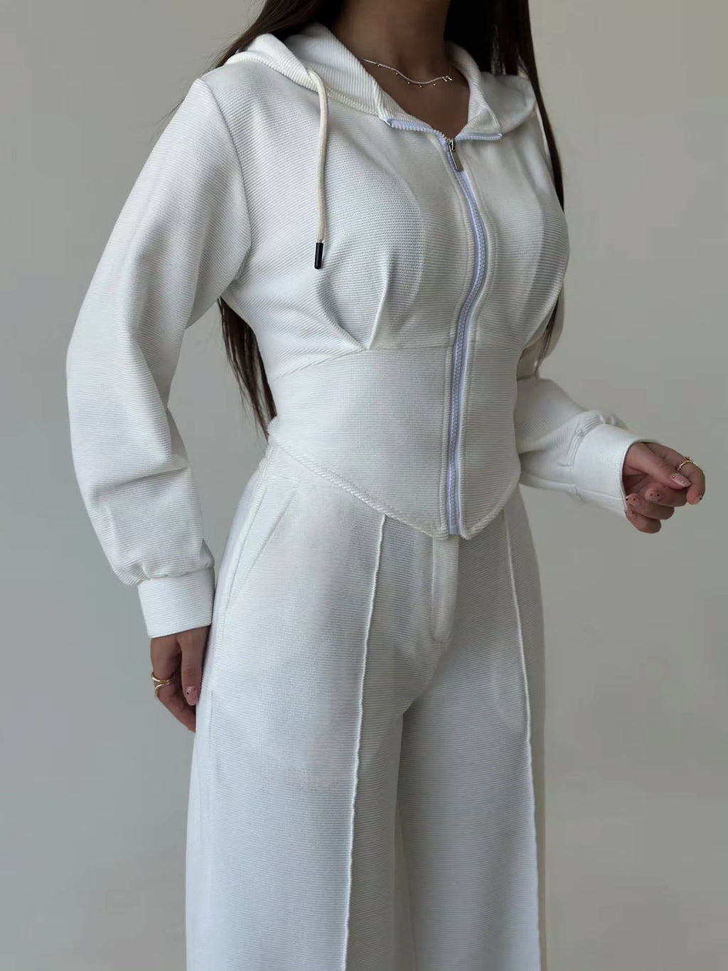 Women’s Textured Co-Ord Set with Lace-Up Corset Back Hoodie & Wide-Leg Pants
