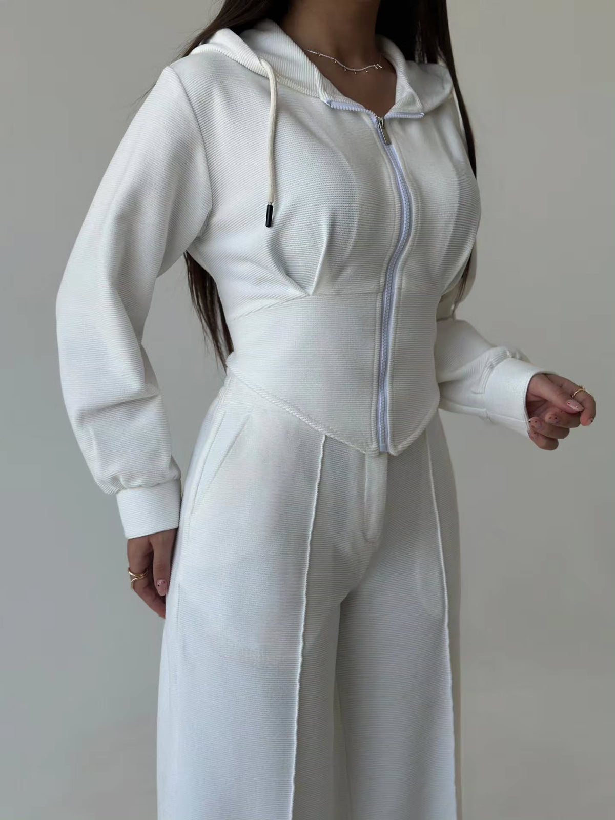 Women’s Textured Co-Ord Set with Lace-Up Corset Back Hoodie & Wide-Leg Pants