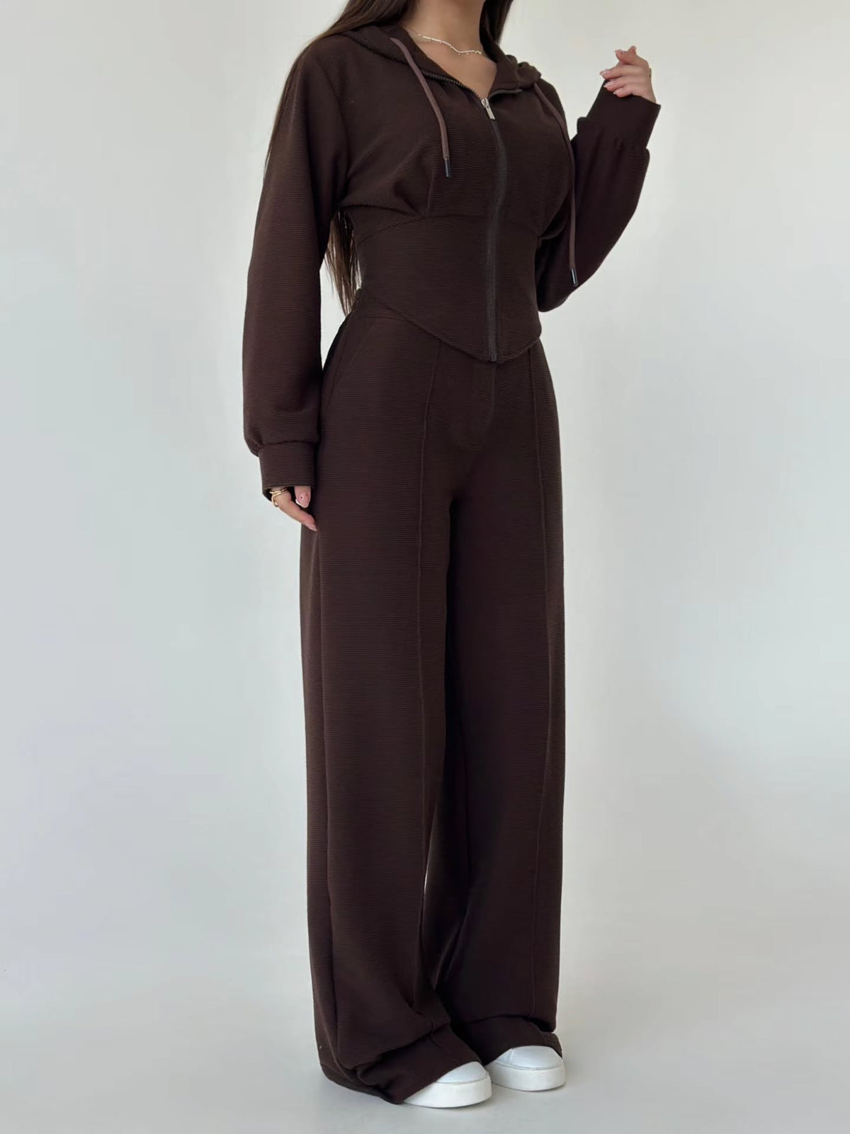 Women’s Textured Co-Ord Set with Lace-Up Corset Back Hoodie & Wide-Leg Pants
