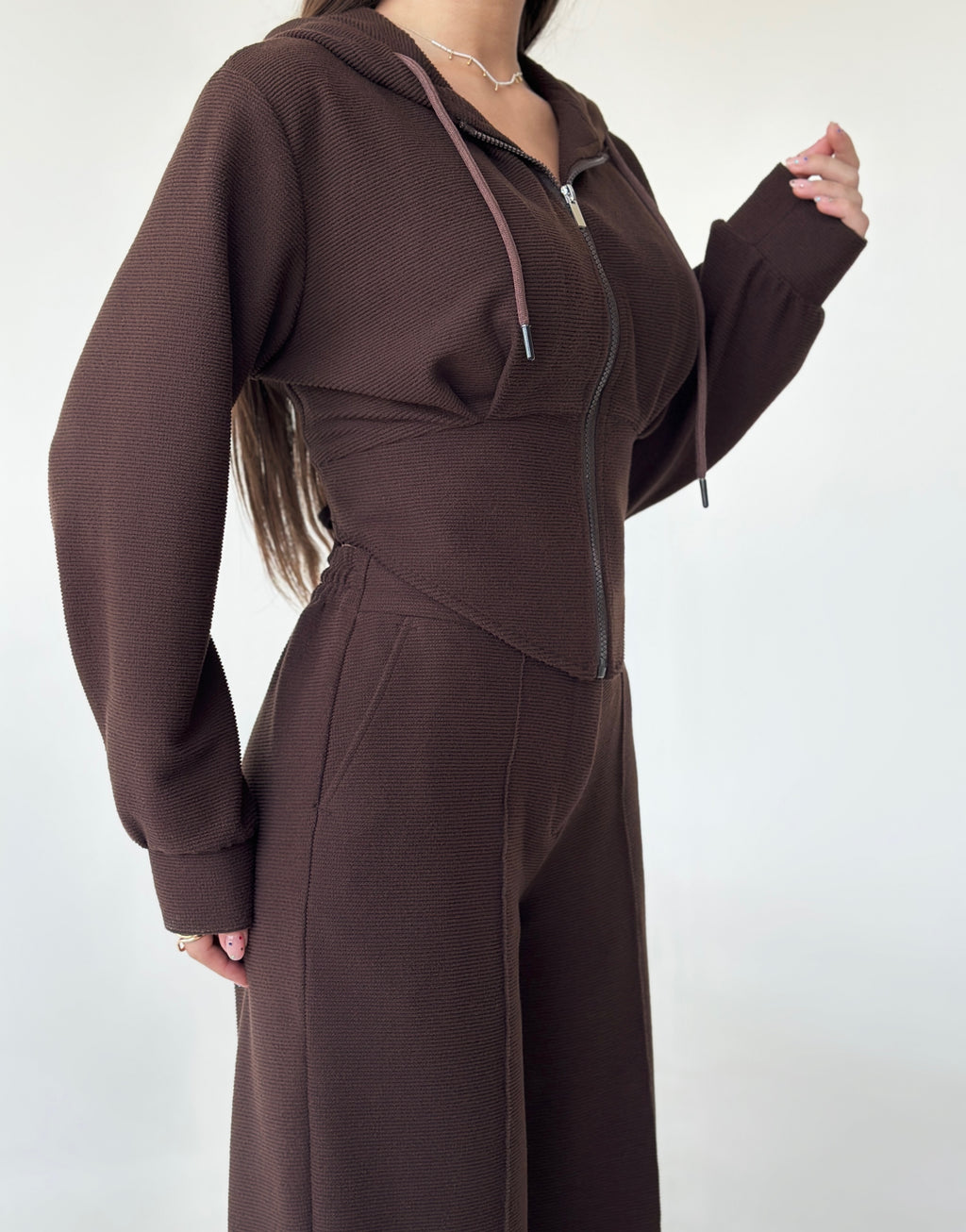 Women’s Textured Co-Ord Set with Lace-Up Corset Back Hoodie & Wide-Leg Pants