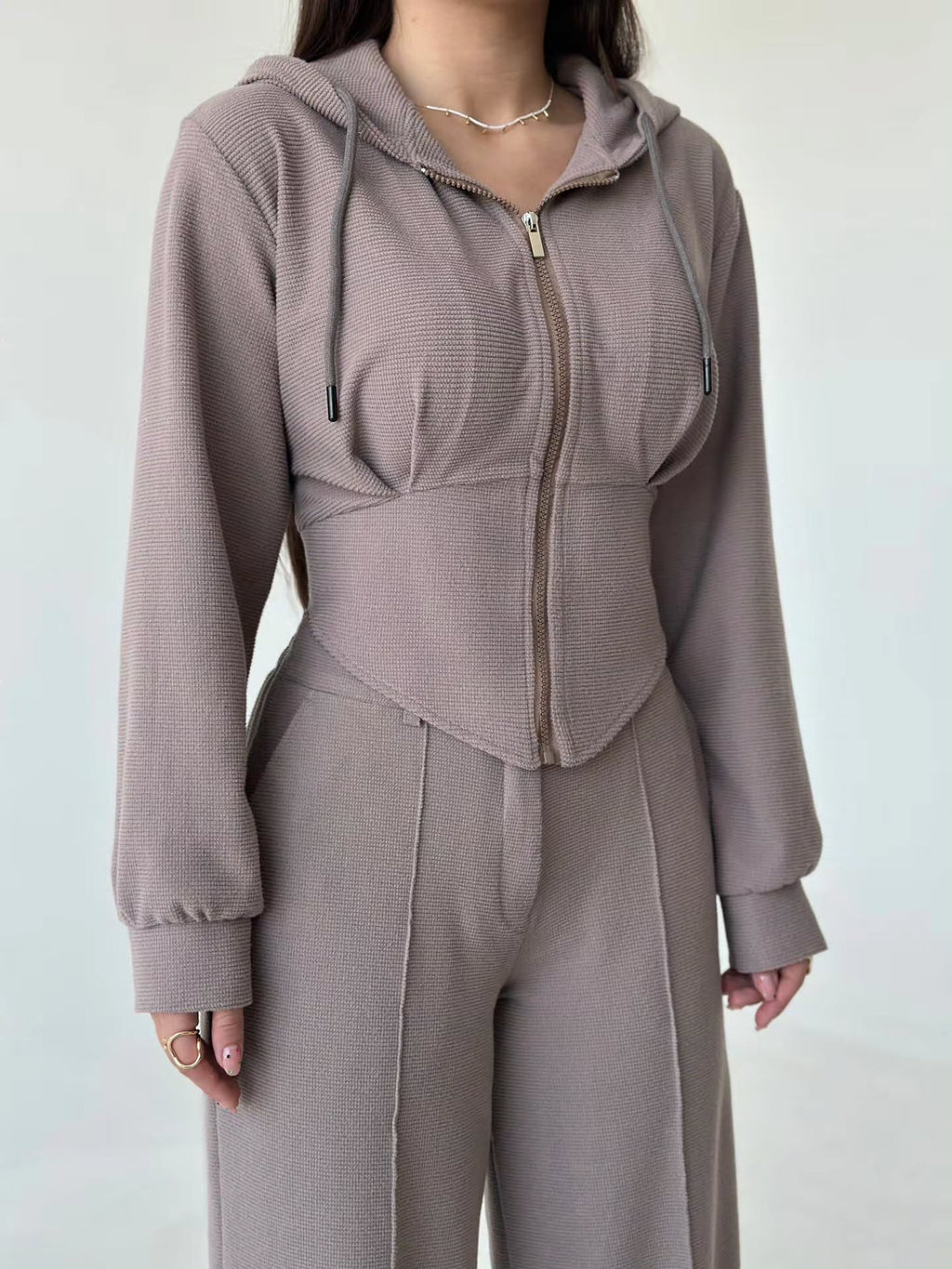 Women’s Textured Co-Ord Set with Lace-Up Corset Back Hoodie & Wide-Leg Pants
