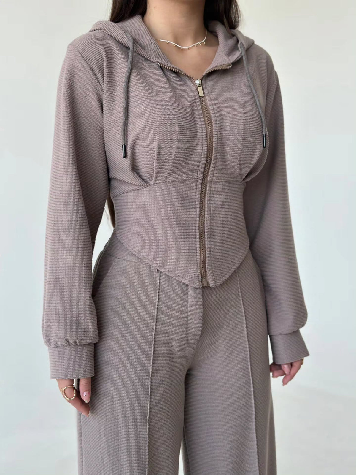 Women’s Textured Co-Ord Set with Lace-Up Corset Back Hoodie & Wide-Leg Pants