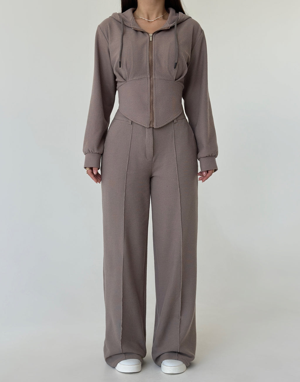 Women’s Textured Co-Ord Set with Lace-Up Corset Back Hoodie & Wide-Leg Pants