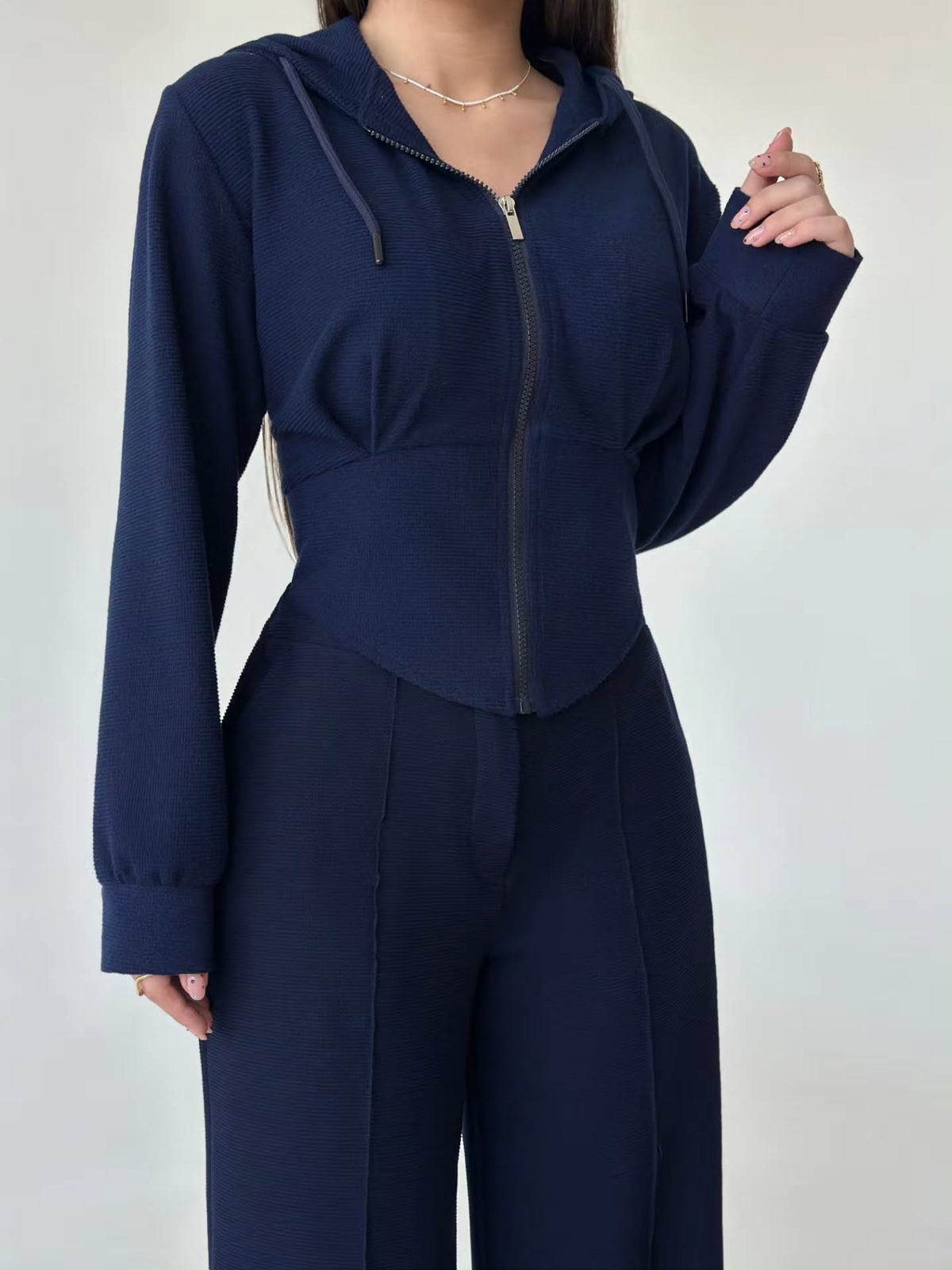 Women’s Textured Co-Ord Set with Lace-Up Corset Back Hoodie & Wide-Leg Pants