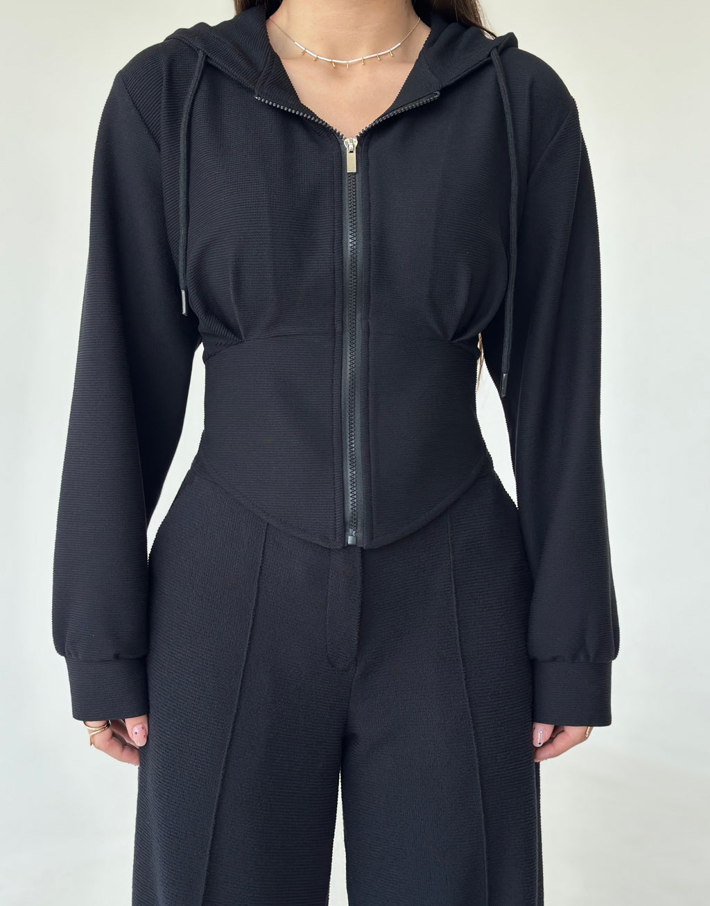 Women’s Textured Co-Ord Set with Lace-Up Corset Back Hoodie & Wide-Leg Pants